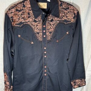 Scully Black Shirt with copper embroidery and pearl snaps